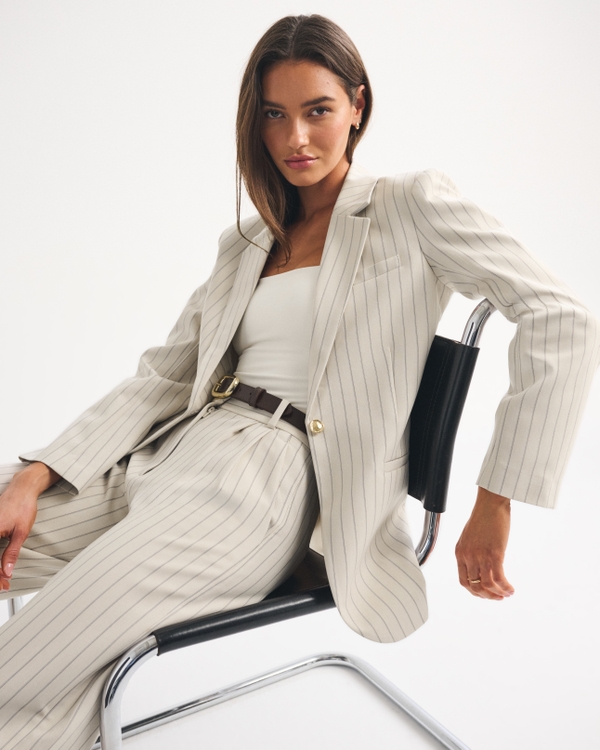 Nipped Waist Suiting Blazer, Cream Stripe view 1