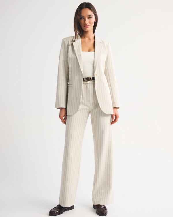 Nipped Waist Suiting Blazer, Cream Stripe view 2
