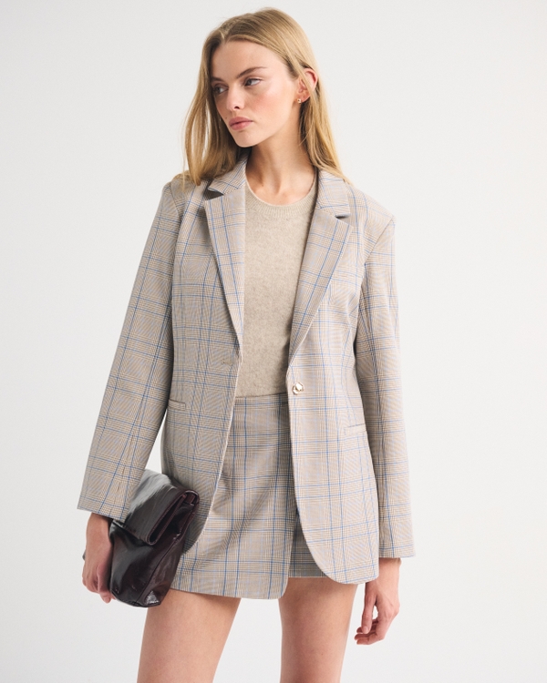 Nipped Waist Suiting Blazer, Tan Plaid view 1