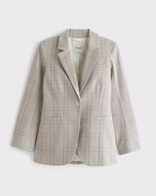 Nipped Waist Suiting Blazer, Tan Plaid view 1