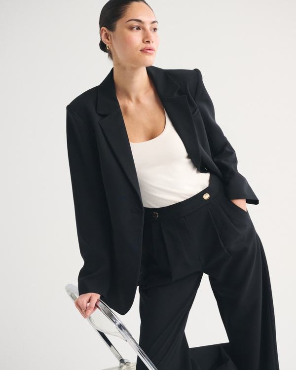 Nipped Waist Suiting Blazer, Black view 1