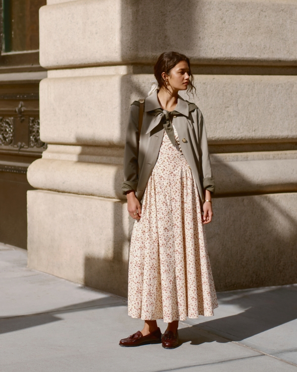 Scarf A-Line Trench Coat, Olive Grey view 1