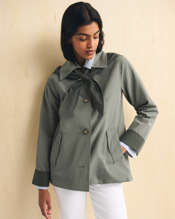 Scarf A-Line Trench Coat, Olive Grey view 2