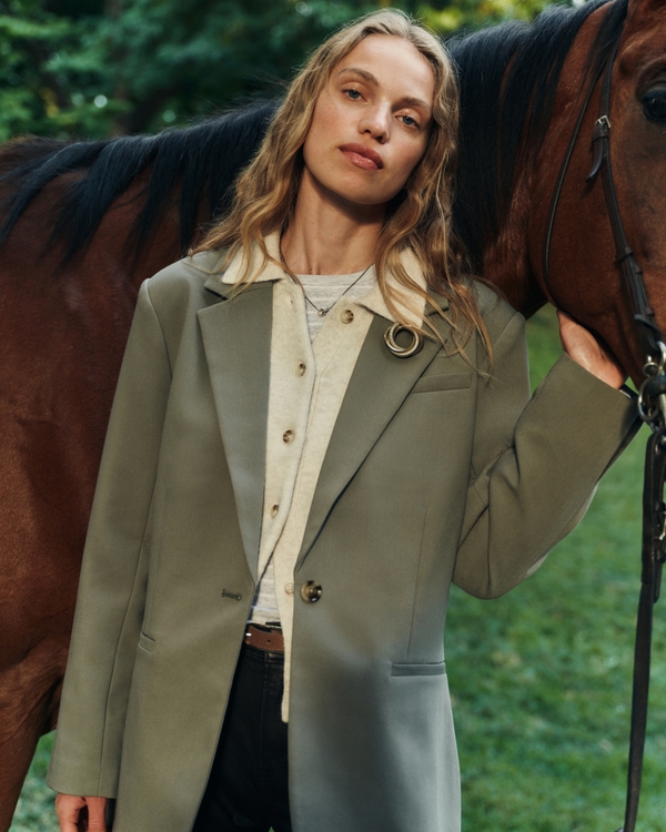 Nipped-Waist Suiting Blazer, Muted Basil view 1