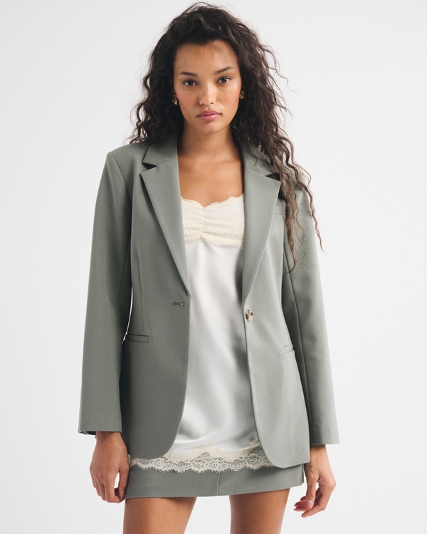 Nipped-Waist Suiting Blazer, Muted Basil view 2