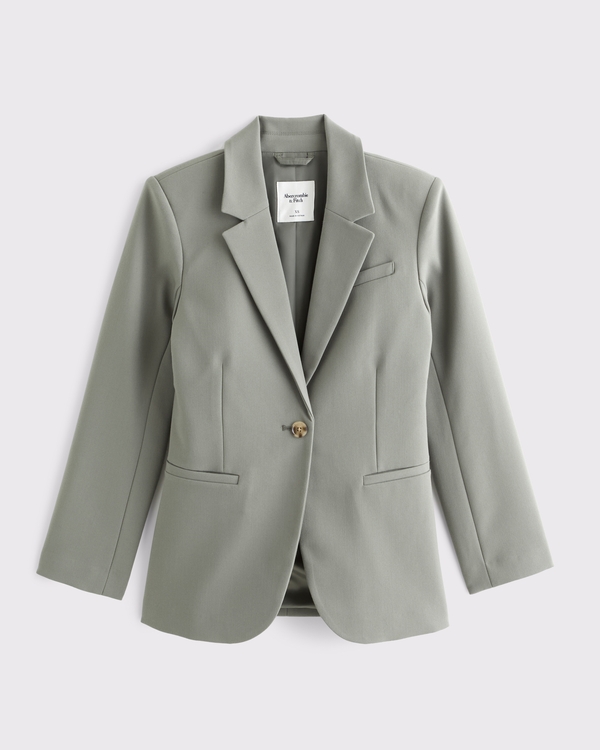 Nipped-Waist Suiting Blazer, Muted Basil view 1