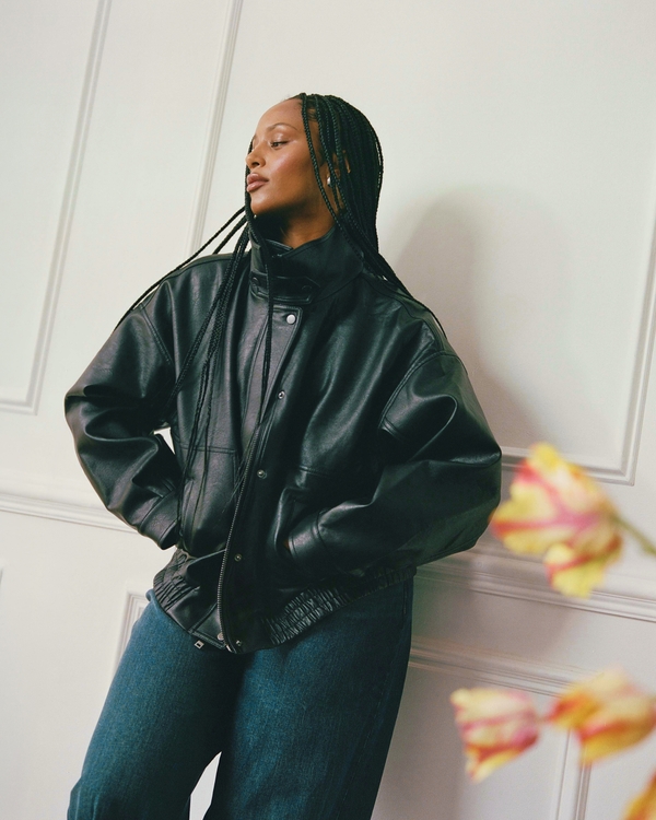 Funnel Neck Vegan Leather Bomber Jacket, Black view 1