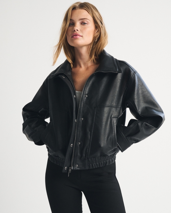 Funnel Neck Vegan Leather Bomber Jacket, Black view 2