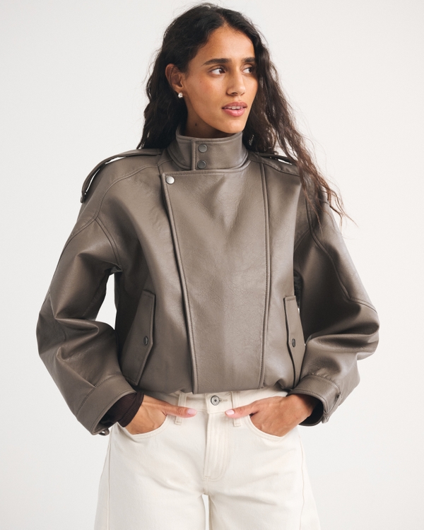 A&F West Village Vegan Leather Bomber Jacket, Gray Brown view 1