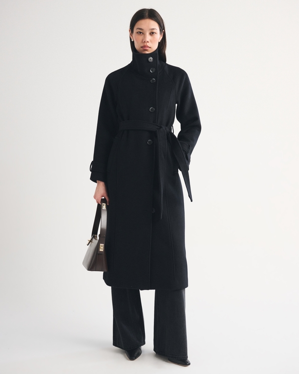 Funnel Neck Wool-Blend Long Coat, Black view 1
