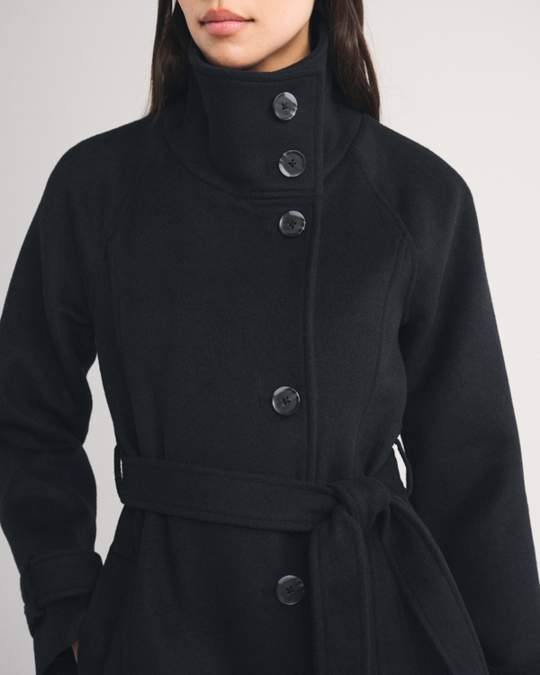 Funnel Neck Wool-Blend Long Coat, Black view 2