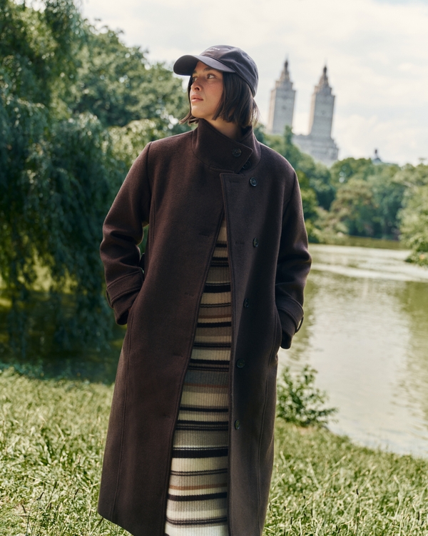 Wool-Blend Funnel Neck Long Coat, Brown view 1