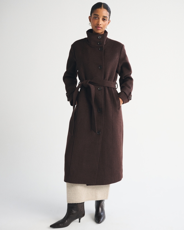 Funnel Neck Wool-Blend Long Coat, Brown view 1