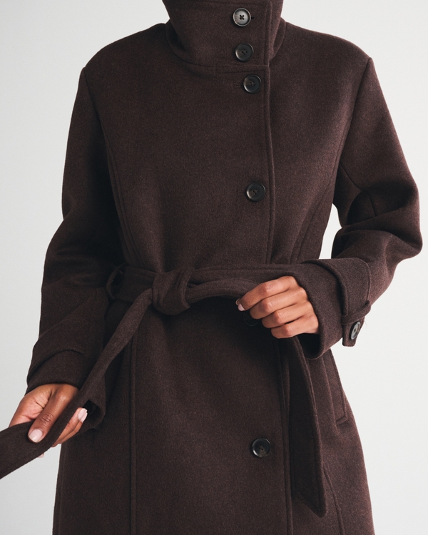 Funnel Neck Wool-Blend Long Coat, Brown view 2