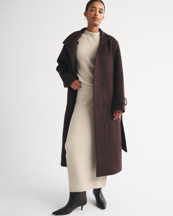 Women's Wool-Blend Funnel Neck Long Coat | Women's Coats & Jackets