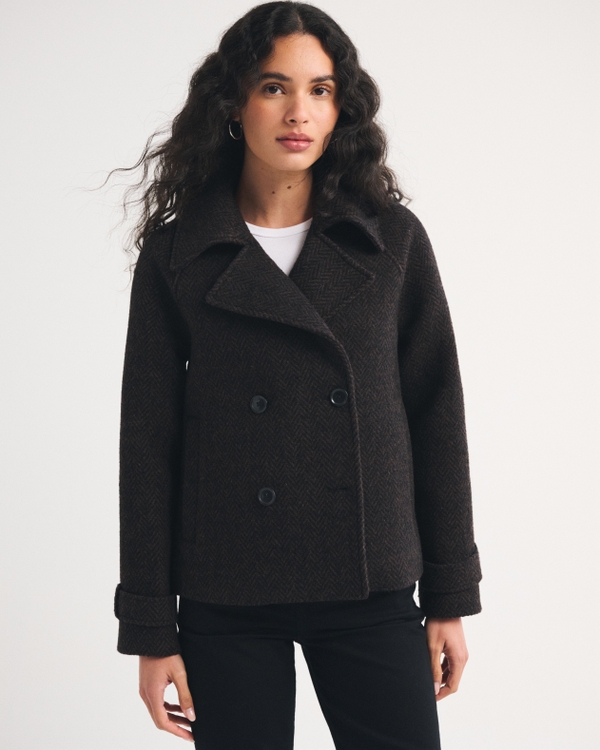 A&F Carrie Short Wool-Blend Trench Coat, Black/brown Herringbone view 1