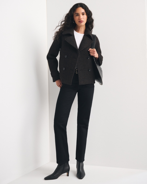 A&F Carrie Short Wool-Blend Trench Coat, Black/brown Herringbone view 2