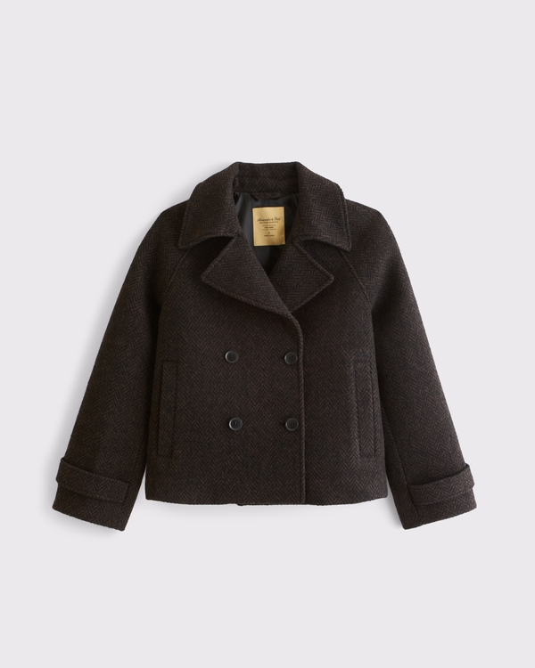 A&F Carrie Short Wool-Blend Trench Coat, Black/brown Herringbone view 1