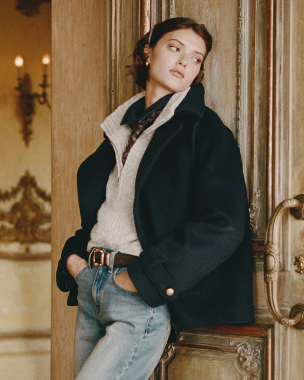 A&F Carrie Short Wool-Blend Trench Coat, Muted Navy view 2