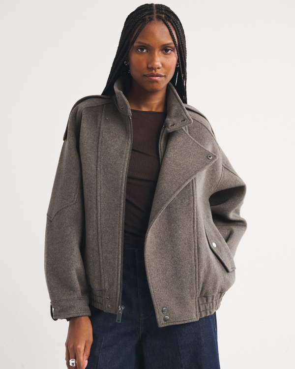 A&F West Village Wool-Blend Bomber Jacket, Gray Brown view 1
