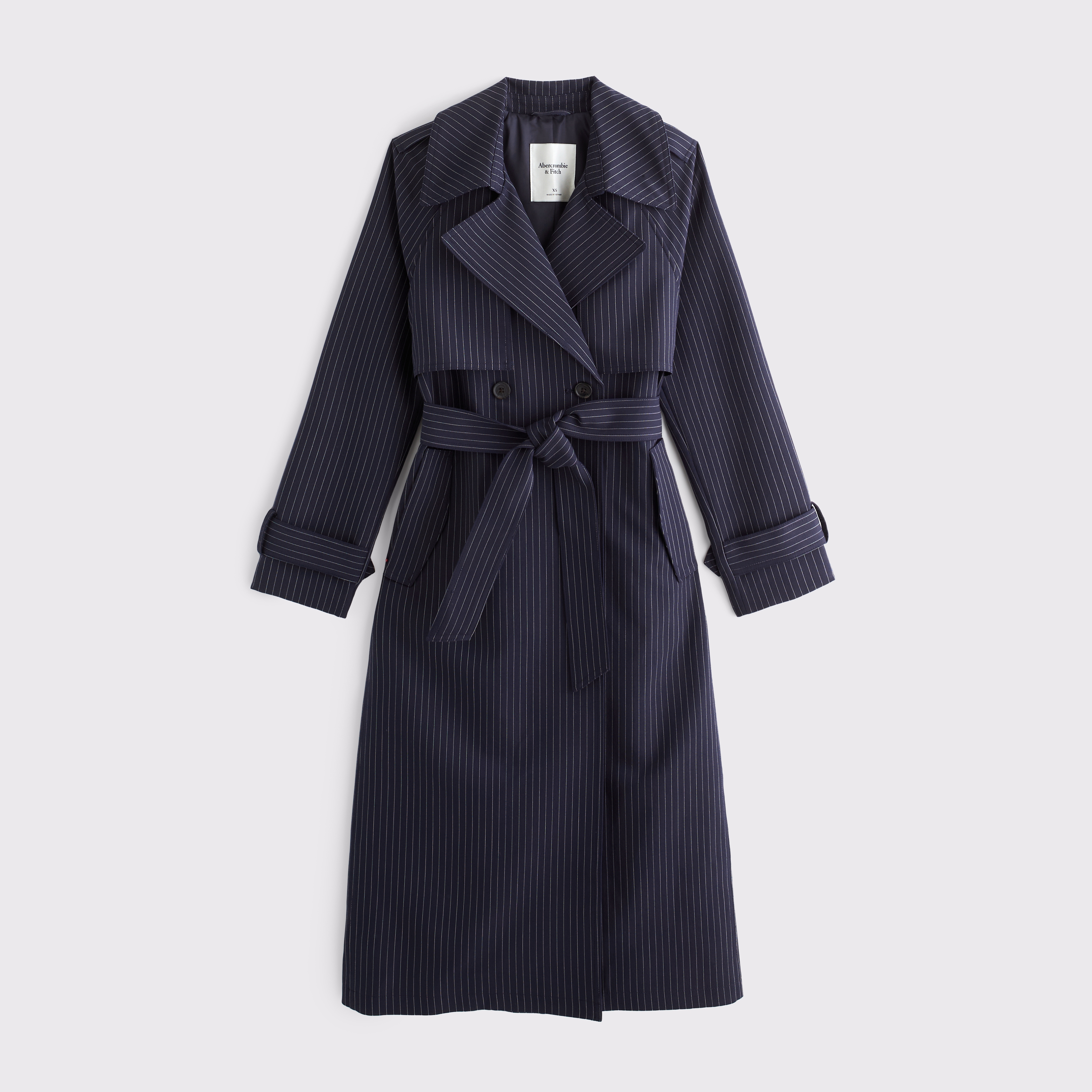 Женское пальто Abercrombie & Fitch A&F Carrie Menswear Long Trench, цвет: Тёмно-синий полосатый — фото 1