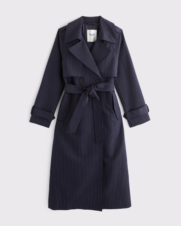 A&F Carrie Menswear Long Trench Coat, Navy Stripe view 1