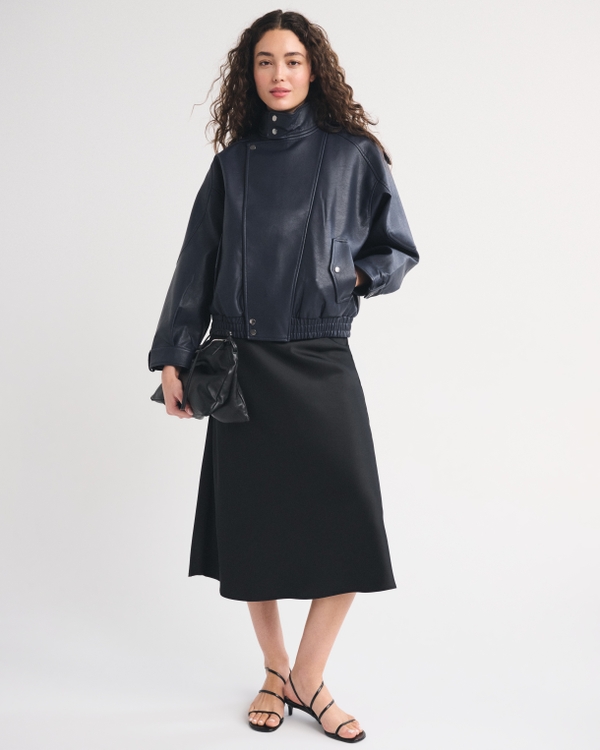 A&F West Village Vegan Leather Bomber Jacket, Muted Navy view 2