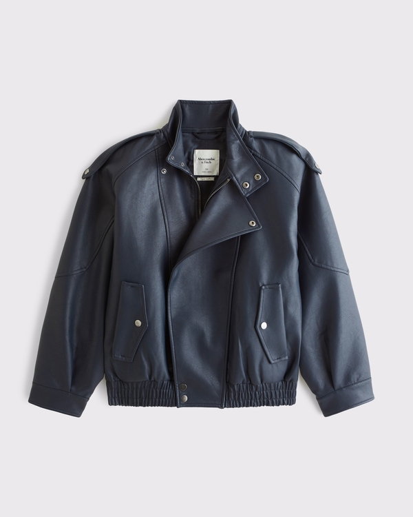 A&F West Village Vegan Leather Bomber Jacket, Muted Navy view 1