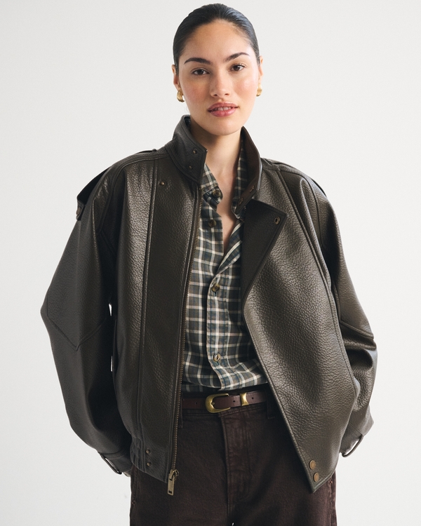 A&F West Village Vegan Leather Bomber Jacket, Moss Brown view 1