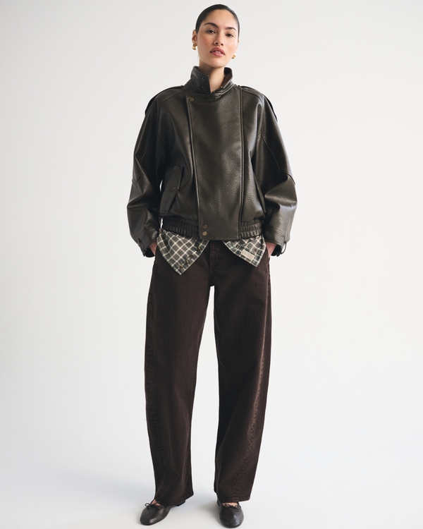 A&F West Village Vegan Leather Bomber Jacket, Moss Brown view 2