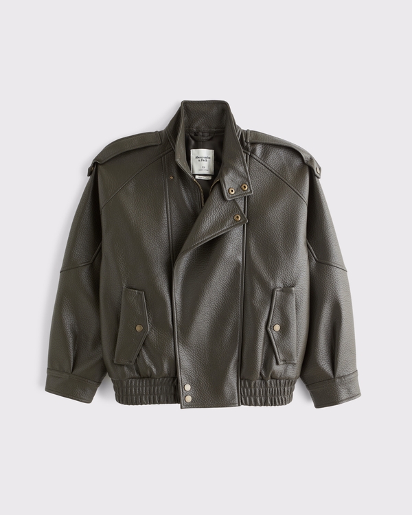A&F West Village Vegan Leather Bomber Jacket, Moss Brown view 1