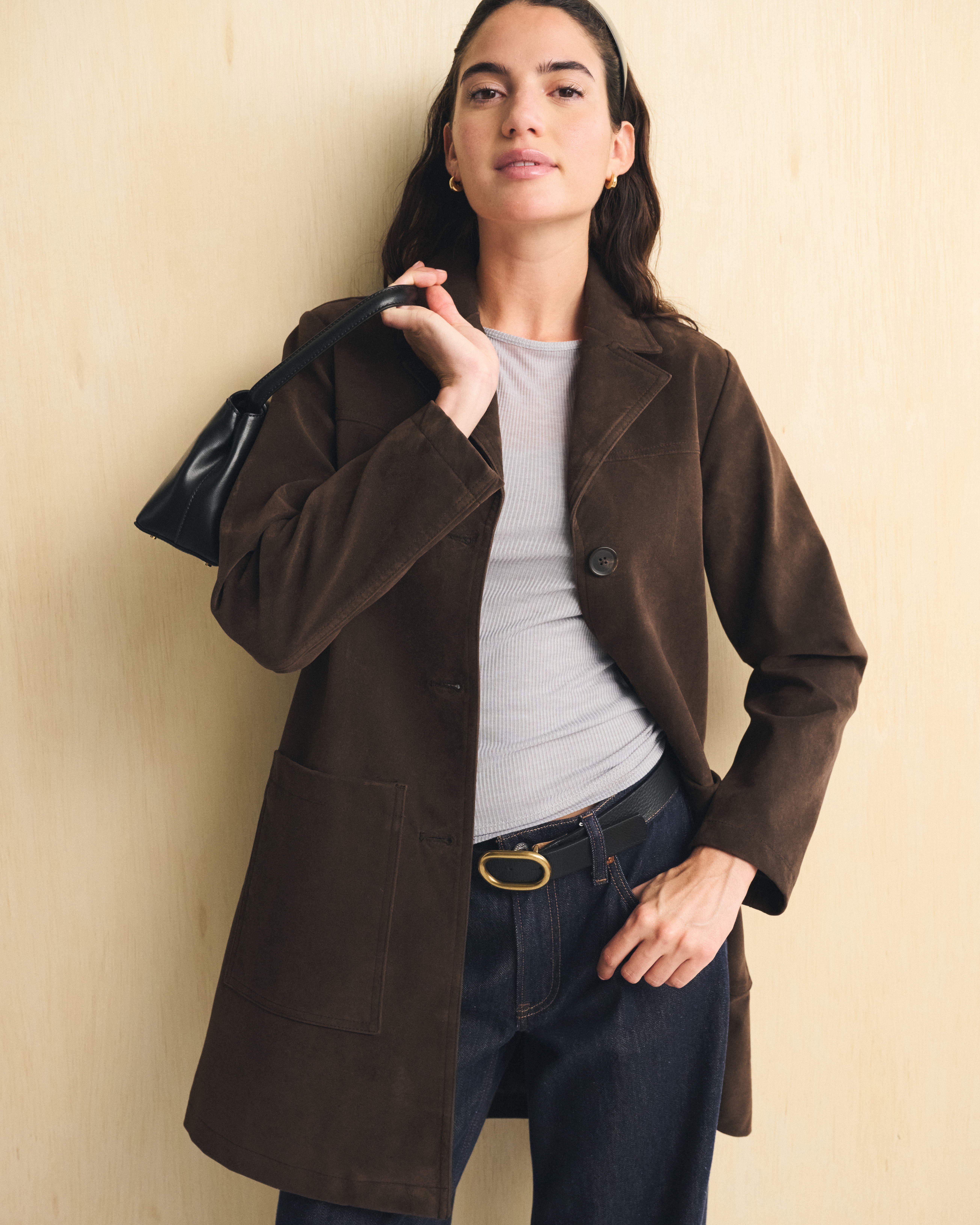Женская куртка Abercrombie & Fitch Longline Vegan Suede, цвет: Тёмный кофейный — фото 2