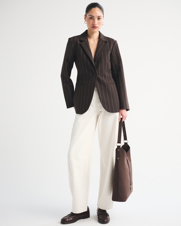 Nipped Waist Suiting Blazer, Dark Coffee Pinstripe view 2