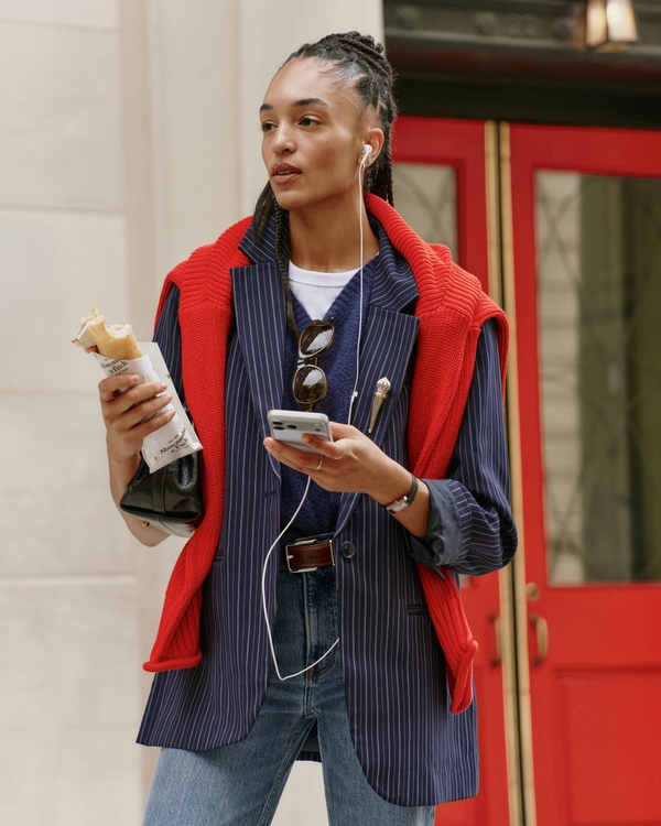 Nipped-Waist Suiting Blazer, Navy Pinstripe view 1