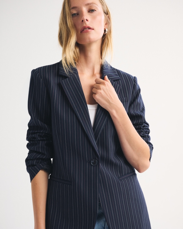 Nipped Waist Suiting Blazer, Navy view 1