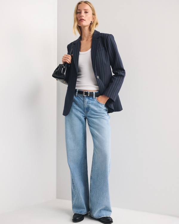 Nipped Waist Suiting Blazer, Navy view 2