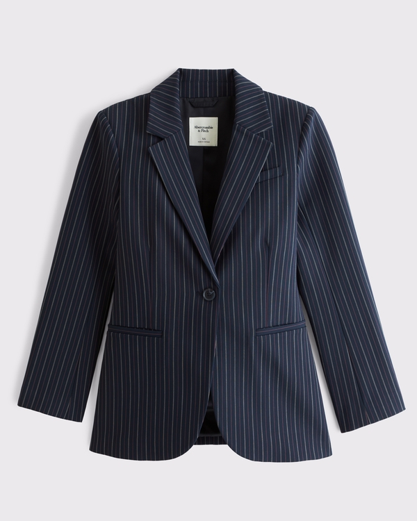 Nipped-Waist Suiting Blazer, Navy Pinstripe view 2