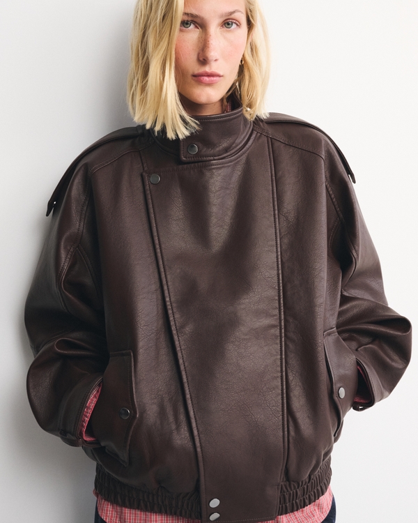 A&F West Village Vegan Leather Bomber Jacket, Espresso view 1