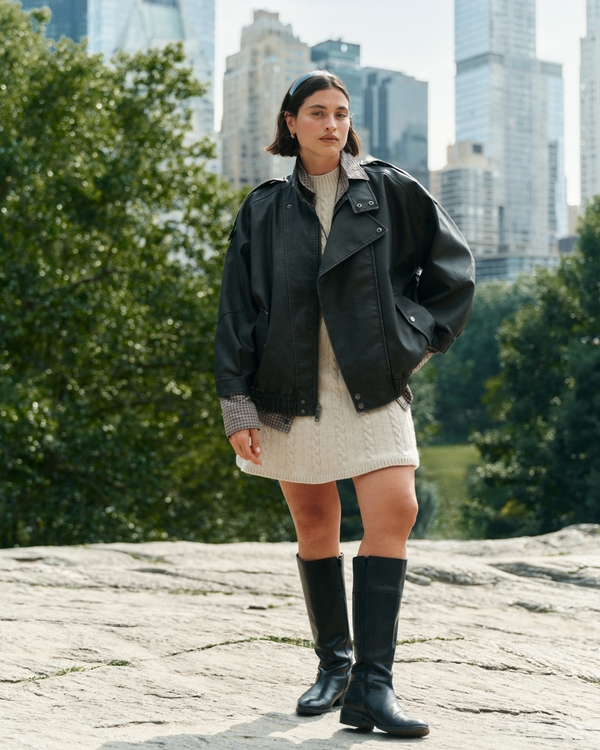 A&F West Village Vegan Leather Bomber Jacket, Black view 1