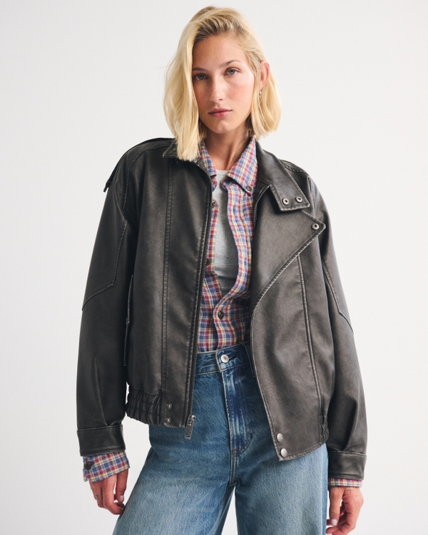 A&F West Village Vegan Leather Bomber Jacket, Black view 1