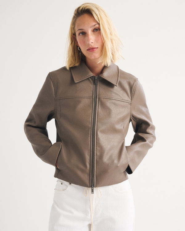 Slim Zip Vegan Leather Jacket, Gray Brown view 1
