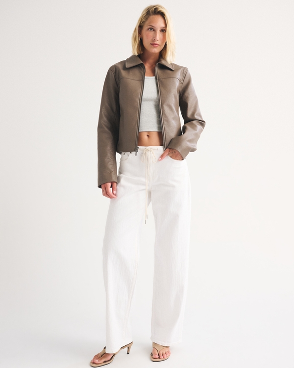 Slim Zip Vegan Leather Jacket, Gray Brown view 2
