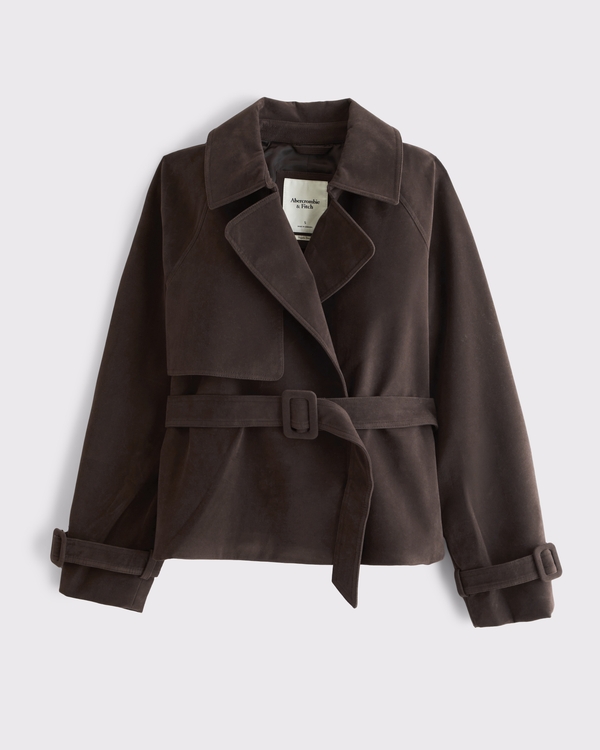 Short Belted Vegan Suede Trench Coat, Dark Coffee view 2