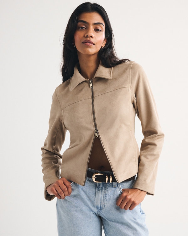 Slim Zip Vegan Suede Jacket, Tan view 1