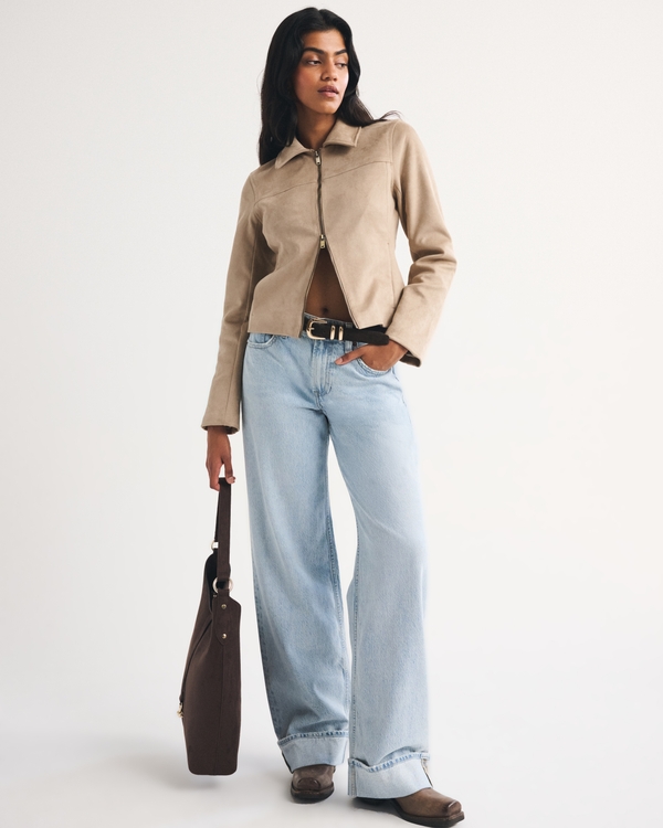 Slim Zip Vegan Suede Jacket, Tan view 2