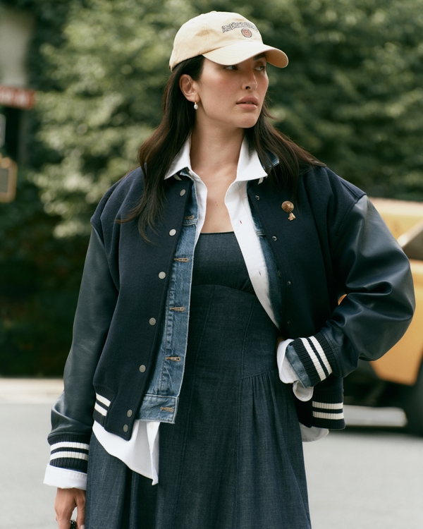 Wool-Blend Varsity Bomber Jacket, Muted Navy view 1