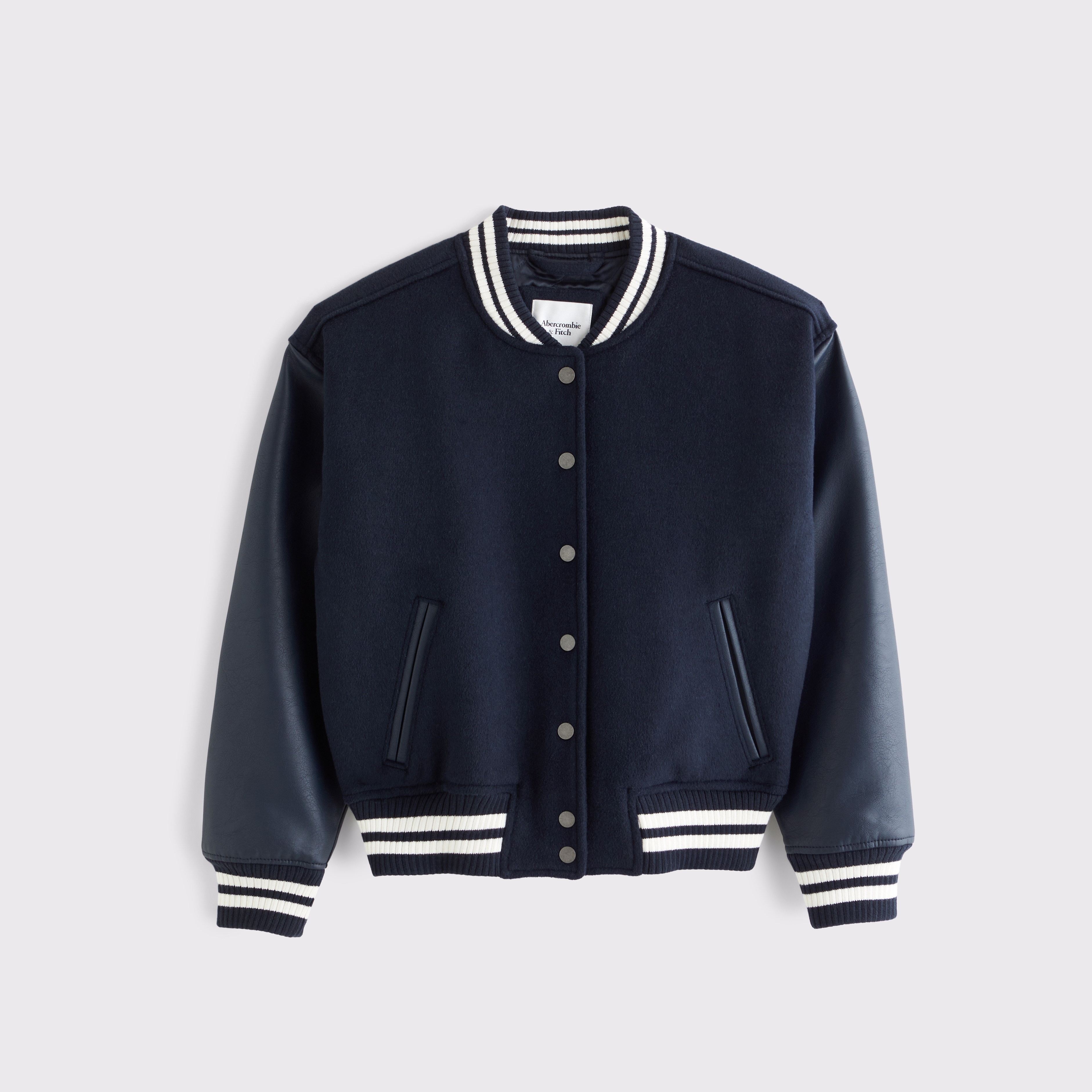 Женская куртка Abercrombie & Fitch Wool-Blend Varsity Bomber, цвет: Приглушённый тёмно-синий — фото 1