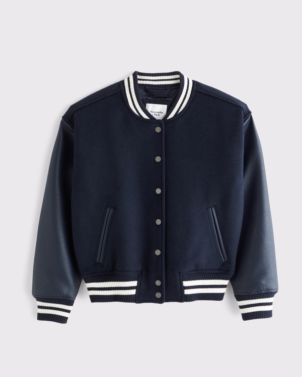Wool-Blend Varsity Bomber Jacket, Muted Navy view 2
