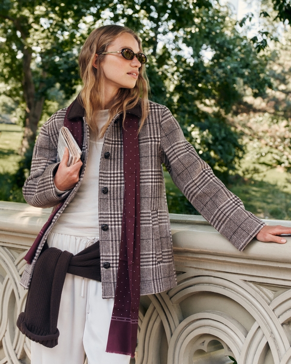 Wool-Blend Barn Jacket, Brown Plaid view 1