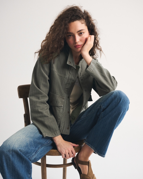 Mock Neck Denim Barn Jacket, Olive view 1
